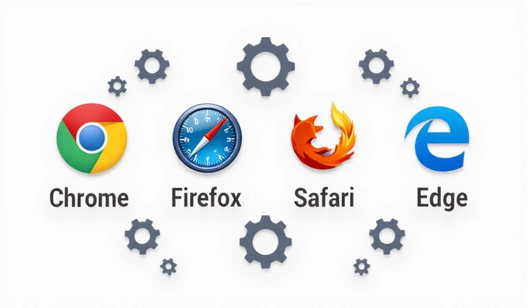 Ikony przeglądarek internetowych, takich jak Chrome, Firefox, Safari i Edge, otoczone symbolami ustawień i kół zębatych, reprezentujące zarządzanie plikami cookie.