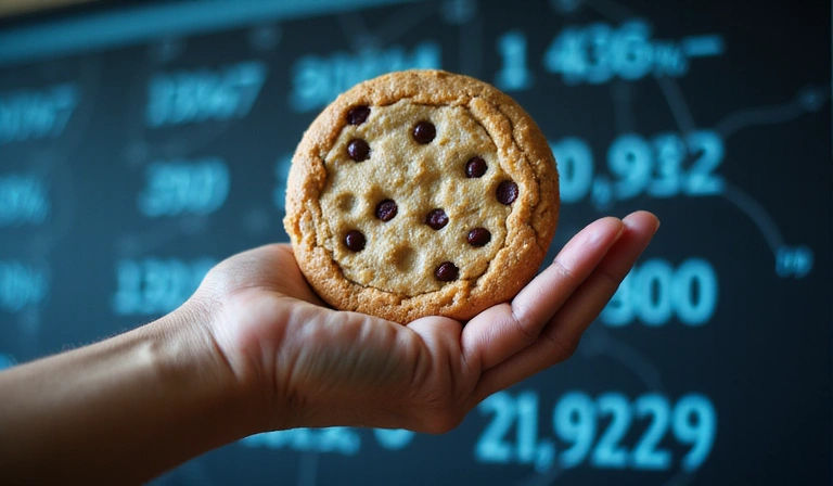 Ręka trzymająca duży, przezroczysty plik cookie, symbolizujący dane cyfrowe, z rozmytym tłem sieci internetowej.