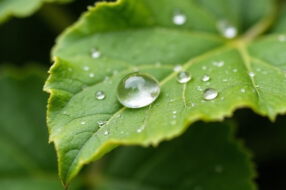 Kropla rosy na zielonym liściu, symbolizująca czystość i naturę.