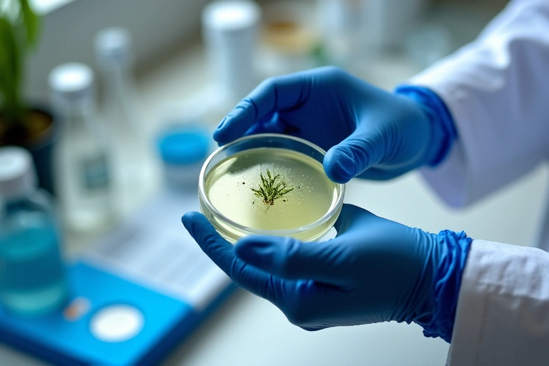 Ręce w rękawiczkach laboratoryjnych trzymające szalkę Petriego z próbkami roślinnymi.