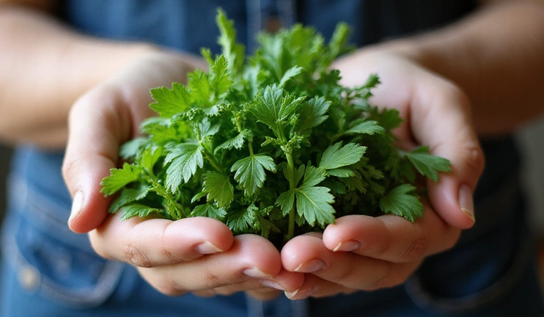 Ręka trzymająca świeże, zielone zioła, symbolizujące początki i naturalne korzenie firmy Glucorownowagae.