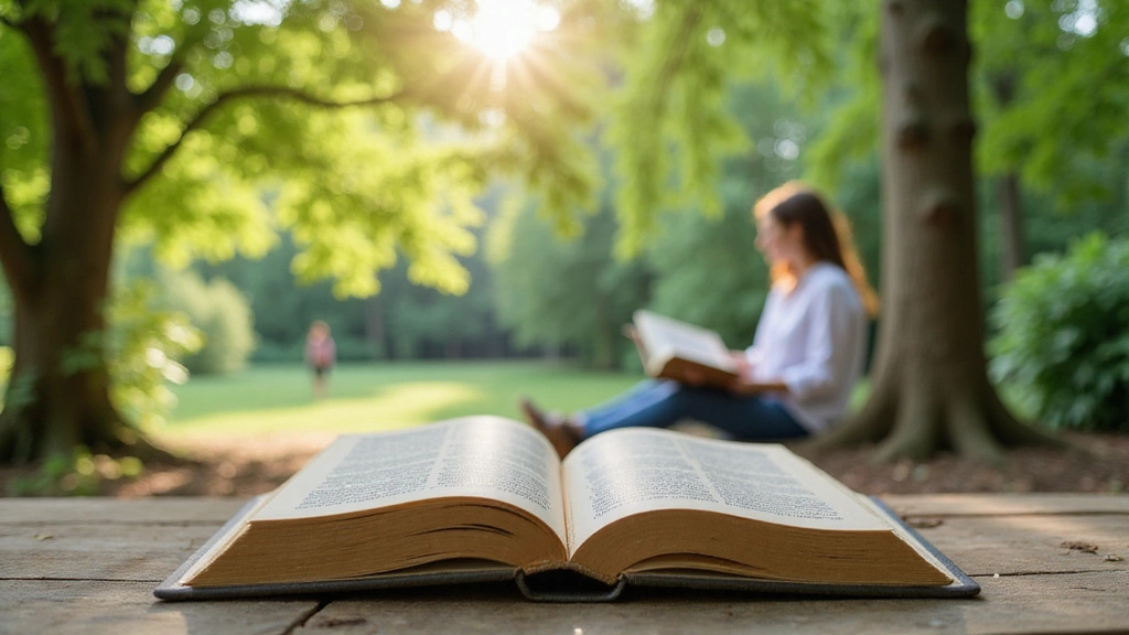 Otwarta książka symbolizująca wiedzę i osobą czytającą w otoczeniu zielonej, spokojnej natury.