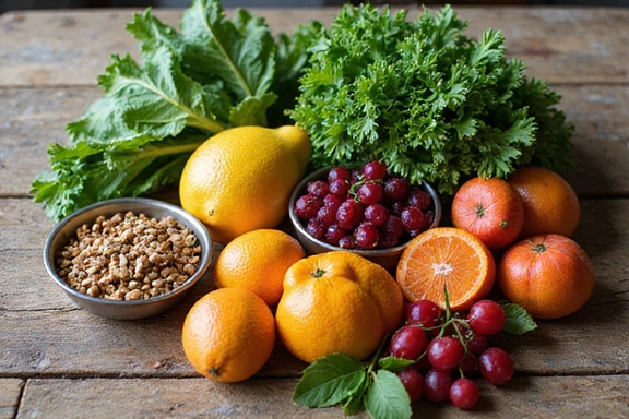 Zdrowa żywność na stole, w tym świeże warzywa, owoce i orzechy, symbolizujące zrównoważoną dietę.