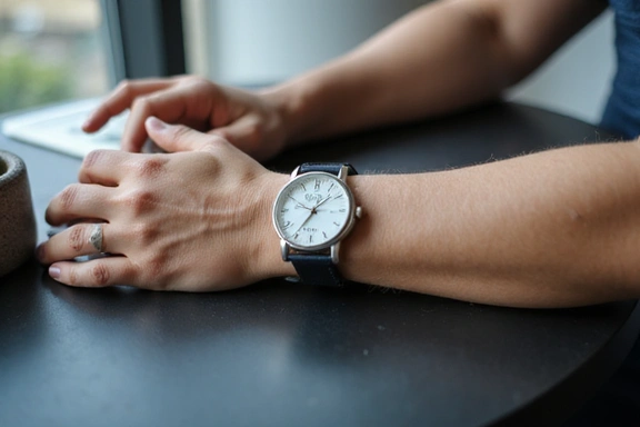 Zegarek na nadgarstku osoby sprawdzającej czas, z tłem symbolizującym zarządzanie czasem i rutynę.