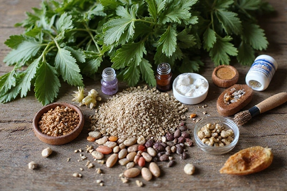 Zioła i naturalne suplementy leżące na drewnianym stole, symbolizujące moc natury.