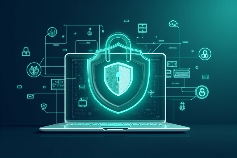 Ilustracja przedstawiająca bezpieczne przechowywanie danych cyfrowych, z ikonami kłódek i tarcz.