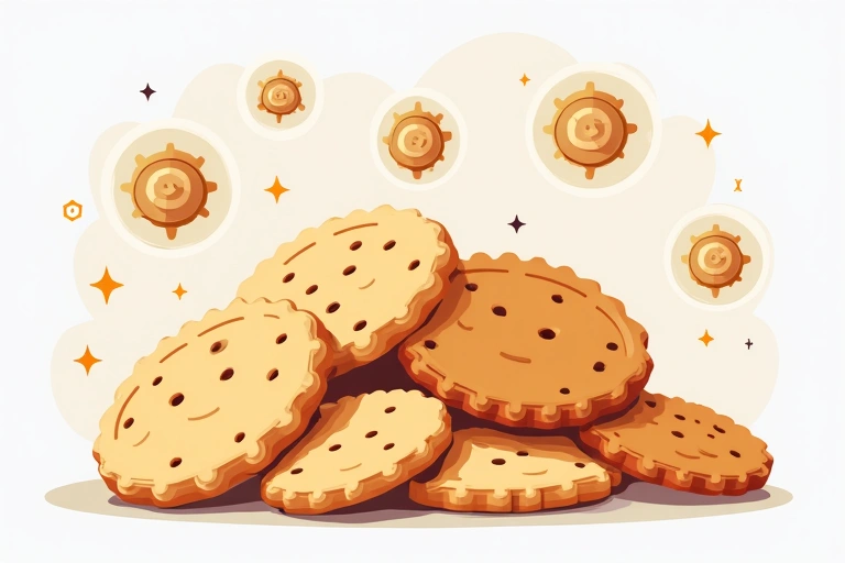 Ilustracja ciasteczek komputerowych, symbolizujących pliki cookie, z ikonami ustawień i ochrony danych.