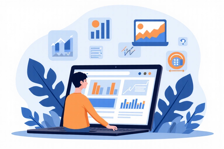 Ilustracja przedstawiająca osobę przeglądającą stronę internetową na laptopie, z ikonami analizy danych w tle.