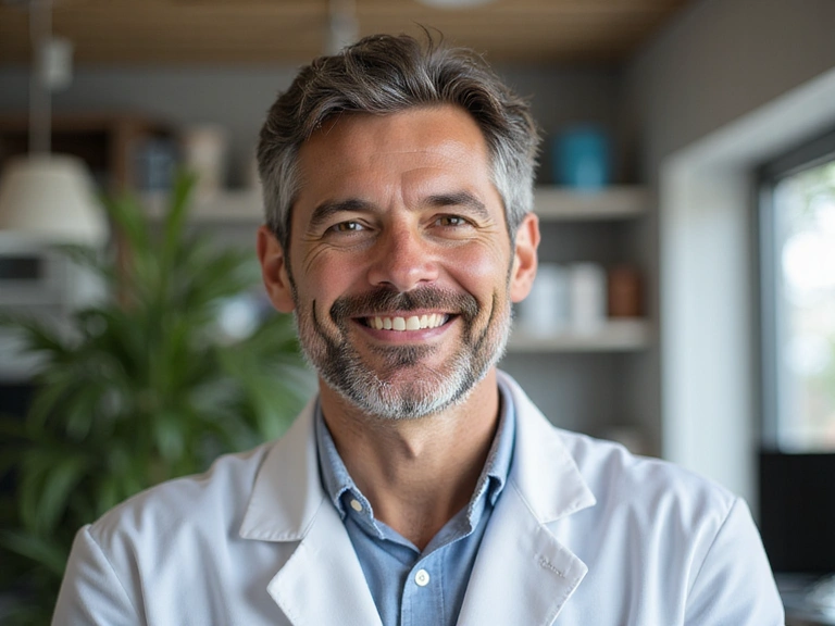 Zdrowy, uśmiechnięty mężczyzna w średnim wieku, w tle laboratorium lub naturalne elementy