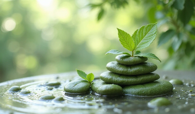 Ilustracja symbolizująca równowagę i zdrowie, z liśćmi i kroplami wody.