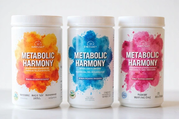 Opakowanie suplementu Metabolic Harmony z elementami symbolizującymi energię i stabilność.