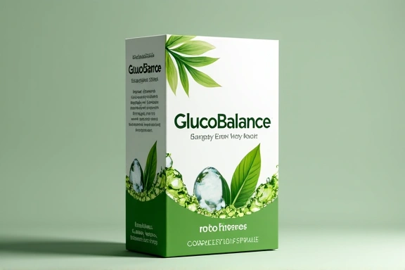 Opakowanie suplementu GlucoBalance z zielonymi liśćmi i kroplami wody.