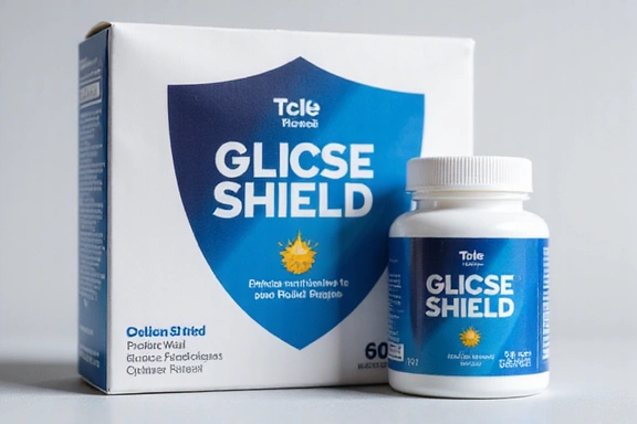 Opakowanie suplementu Glucose Shield z tłem przedstawiającym tarczę i ochronę.