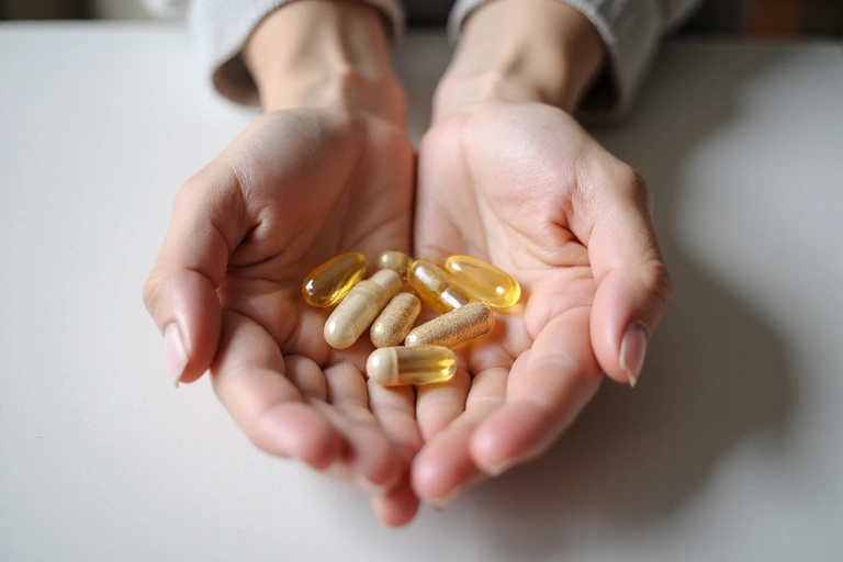 Zbliżenie na dłoń trzymającą kapsułki suplementu, symbolizujące jakość i zaufanie.