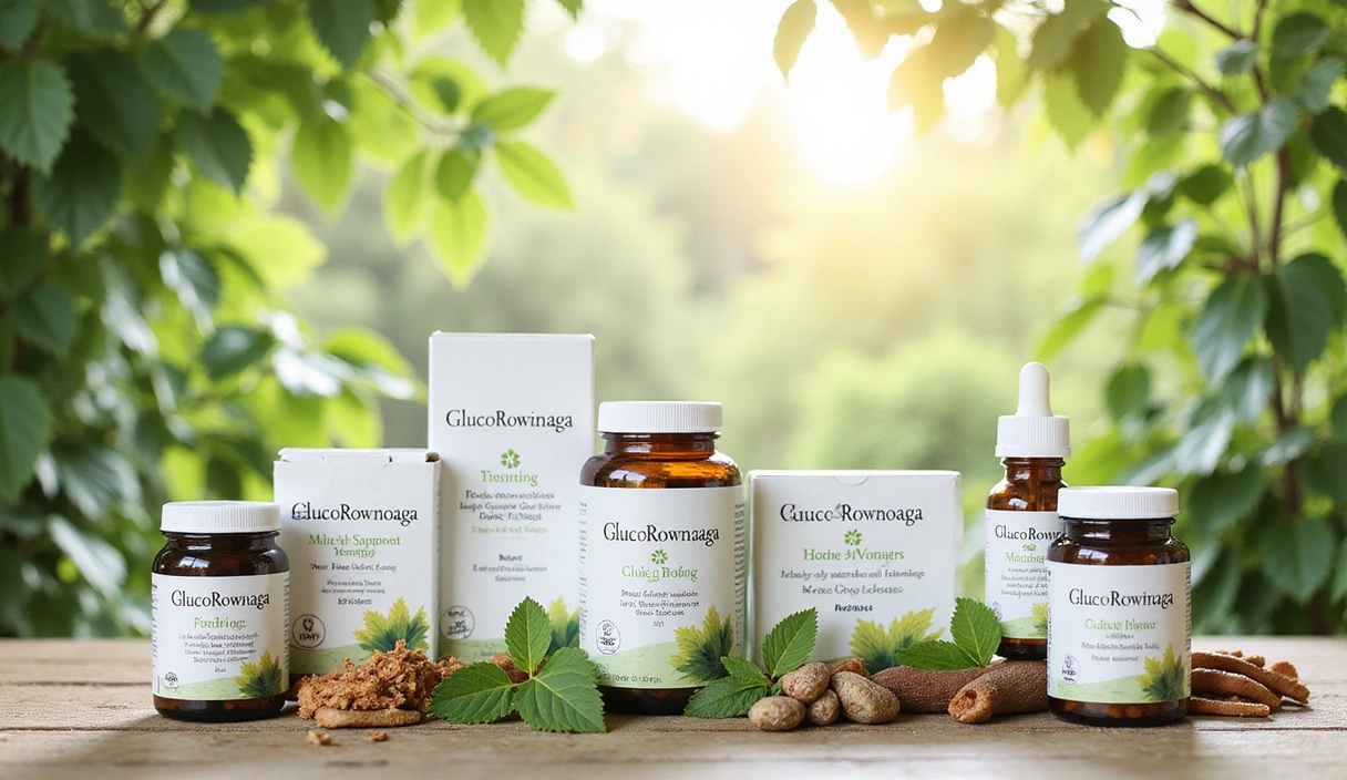 Różnorodne opakowania suplementów Glucorownowagae w naturalnym otoczeniu, z zielonymi liśćmi i drewnianymi elementami.