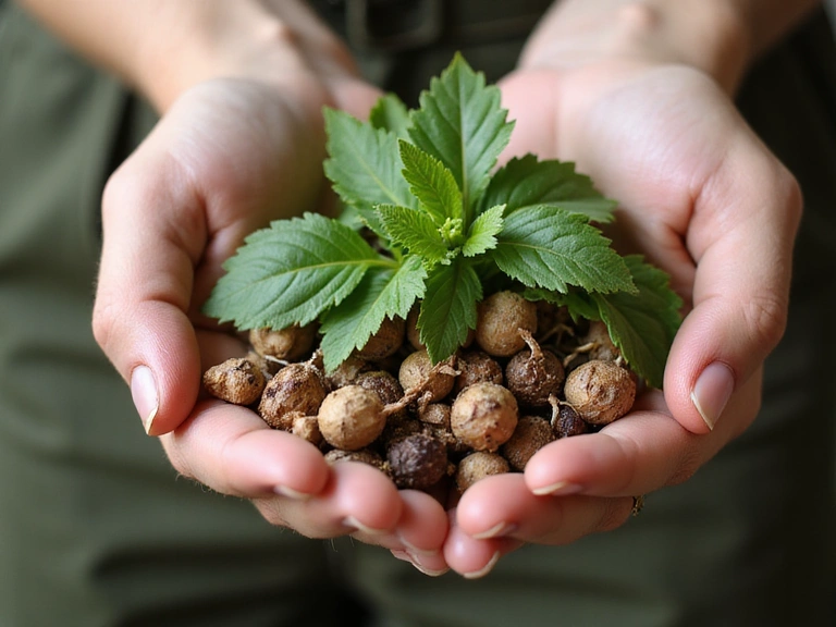 Ręka delikatnie trzymająca świeżo zebrane zioła i korzenie, symbolizująca dbałość o naturę i jakość.