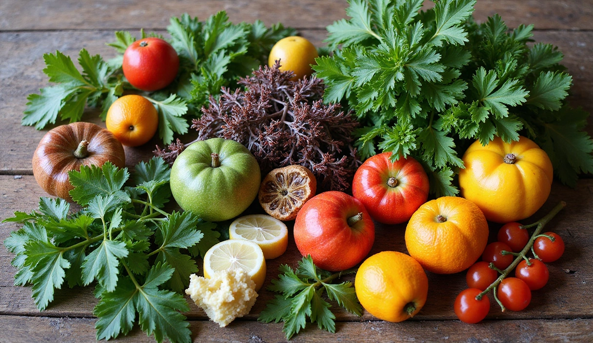 Różnorodne naturalne zioła, rośliny i owoce symbolizujące składniki suplementów Glucorownowagae.